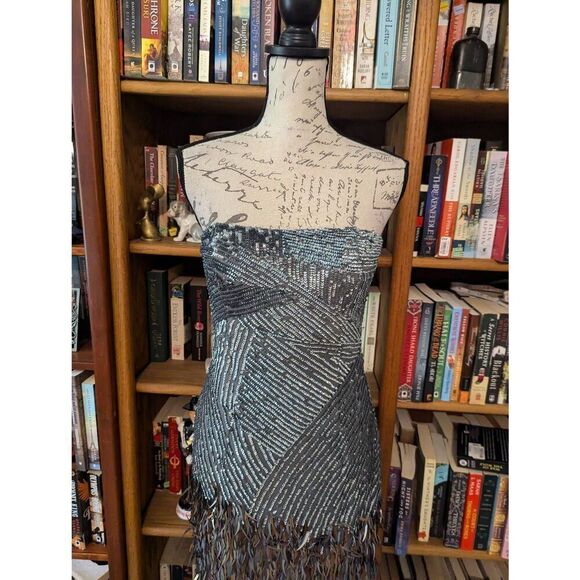 Basix Black Label Women's Size 4 Silver Sequin 100% Silk Knee mini Dress - Picture 2 of 10